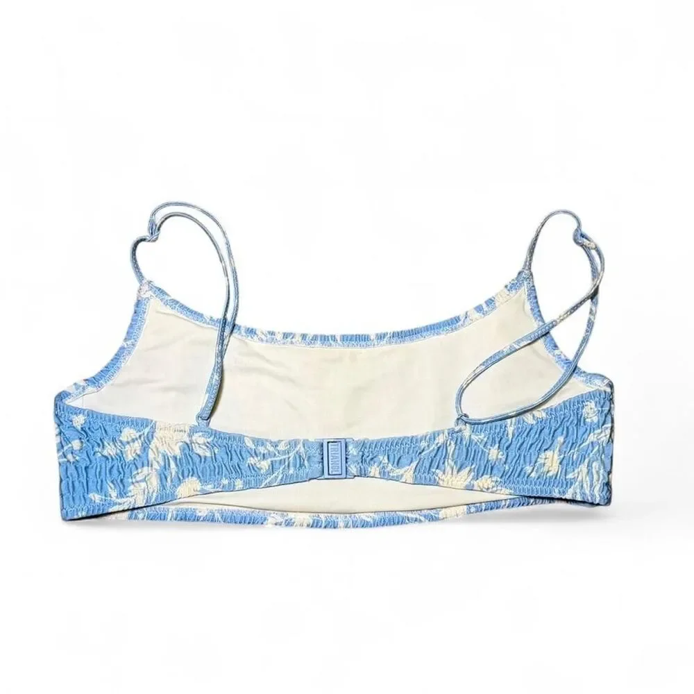 Triangl Scoop Ruched Swim Bikini Top & Drawstring Bag Blue Floral - Size Small